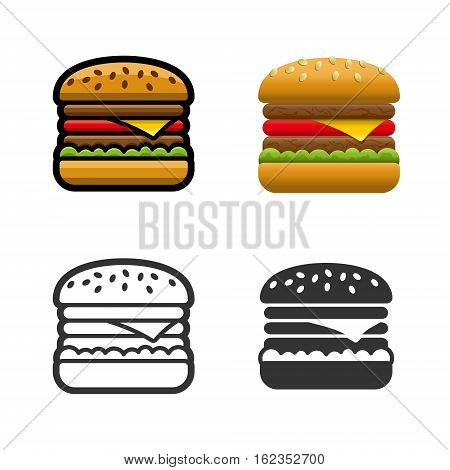 Burger vector cartoon, colored, contour and silhouette styles icon set. Tasty fast food unhealthy meal. Isolated dishes on white background.