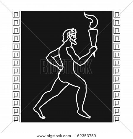 Athlete with olympic fire icon in black style isolated on white background. Greece symbol vector illustration.