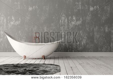 3D rendering of blank bathroom with deep-piled carpet on the wooden floor in front of painted rough wall