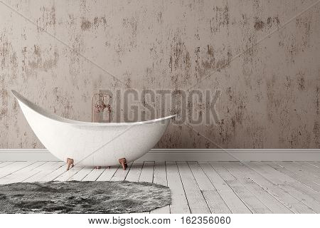 3D rendering of blank bathroom with deep-piled carpet on the wooden floor in front of painted rough wall