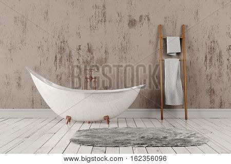 3D rendering of blank bathroom with wooden towelrail towels and deep-piled carpet on the wooden floor in front of bright rough wall