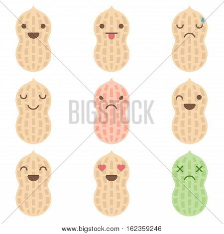 Cute minimalistic peanut emoticons isolated on white background.