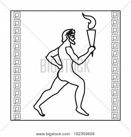 Athlete with olympic fire icon in outline style isolated on white background. Greece symbol vector illustration.