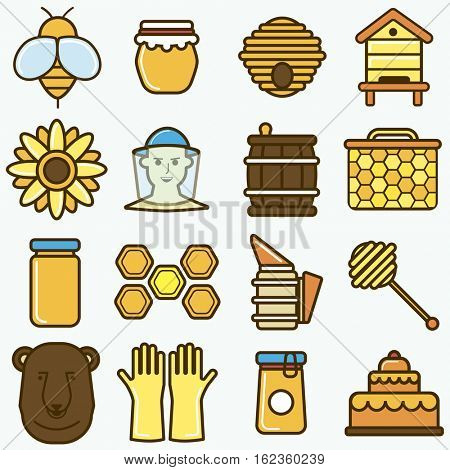 Honey and beekeeping icons set. Vector organic apiculture symbols: bee barrel and wax jar, apiary with beehive and beekeeper, honeybee and honeycomb. Illustration isolated on white background.