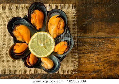 Delicius appetizer with natural mussels and lemon