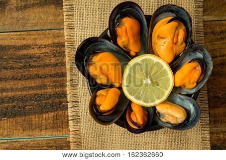 Delicius appetizer with natural mussels and lemon