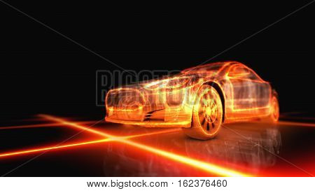 Abstract 3d fiery appearance of the car on black background