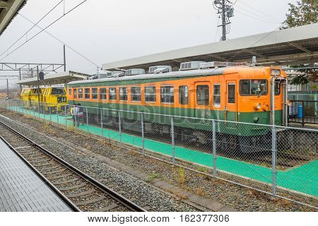 TOKYO, JAPAN - 20 NOV 2016 : Train stopped at Karuizawa Railway station.The railway system is one of the most important public transportation in Japan.
