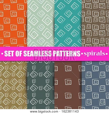 Set of abstract multicolored seamless background repeating texture of square spirals vector illustration.