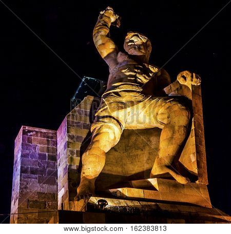 El Pipila Statue Night Stars Guanajuato Mexico. El Pipila is Juan Jose Martinez a miner who led the assault against the Fort/Granary in Guanajuato in the 1810 Mexican War of Independence. Statue created in 1939 by sculptor Juan Fernando Olaguibel.