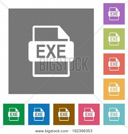 EXE file format flat icons on simple color square backgrounds