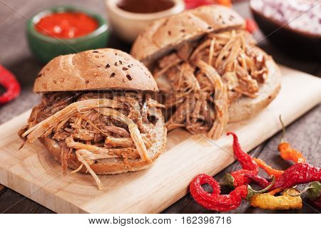 American pulled pork sandwich in wholegrain burger bun