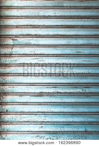 Grungy light blue metal window roller blinds background