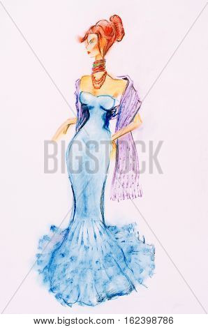Sketch of woman dressed in trendy fashion done with pastel and oil painting