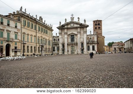 MANTUA ITALY - MAY 2 2016: Cathedral and Palazzo Bianchi on Sordello square in Mantua Italy.