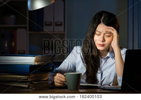 Asian Business Woman Drink Coffee Headache Overtime Working Late