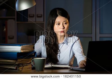 Asian Business Woman Working Overtime Late Night In Office
