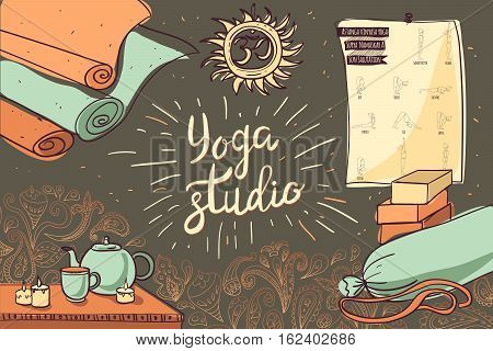 Sketch with Yoga Props and Other Elements for Yoga Studio