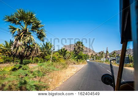 View from indian three-wheeled car tuc-tuc Kanyakumari Tamil Nadu India