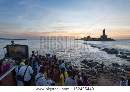 People greet the sunrise in Kanyakumari the southernmost point of the Indian subcontinent, 8 October 2016, Tamil Nadu India