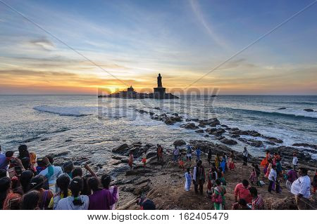 People greet the sunrise in Kanyakumari the southernmost point of the Indian subcontinent, 8 October 2016, Tamil Nadu India