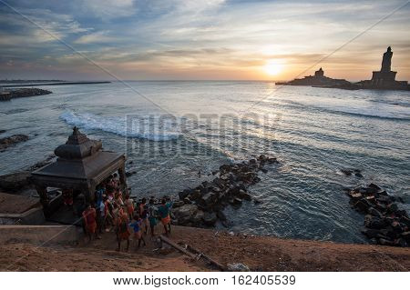 People greet the sunrise in Kanyakumari the southernmost point of the Indian subcontinent, 8 October 2016, Tamil Nadu India