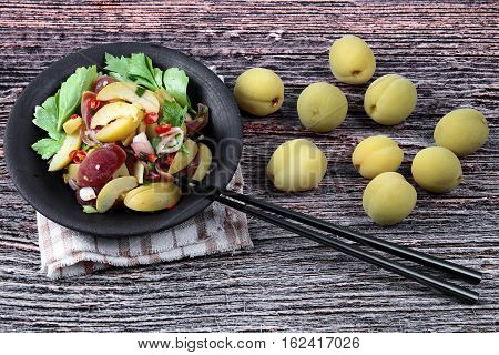 Spicy Sour Chinese Sausage Salad With Peach Honey - Compote .