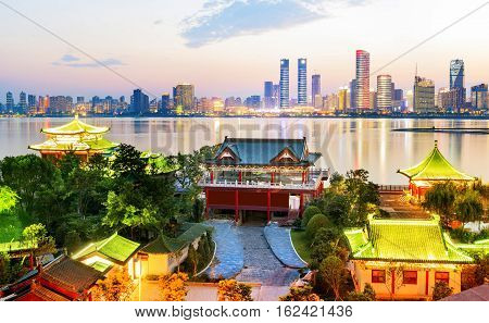 nanchang tengwang pavilion at night is one of chinese famous ancient building