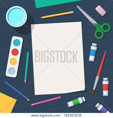 Tools for creative work. Watercolor paintbox and paintbrush, colored pencils. Paper and drawing materials on the table. Overhead view. Vector illustration flat style, top view