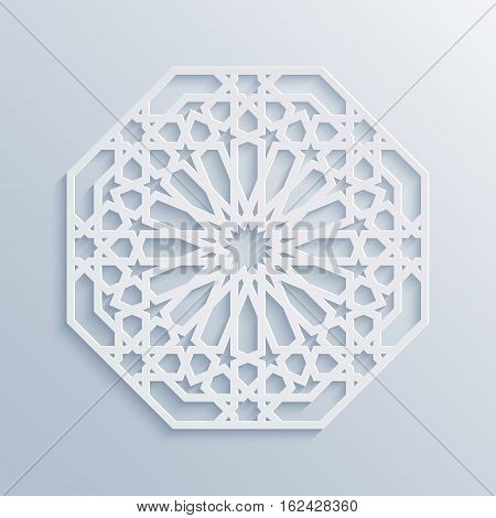 Islamic geometric pattern. Vector muslim mosaic persian motif. Elegant white oriental ornament traditional arabic art. Mosque decoration element. 3D mandala for brochures invitations greeting card