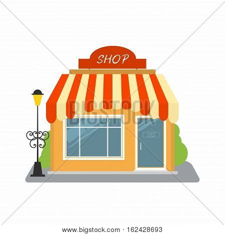 Shop street store building facade. Small building with roof and lamp. You can simply change text on signboard. Vector illustration