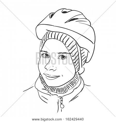 Sketch of young girl wearing bicycle helmet, Hand drawn Vector illustration