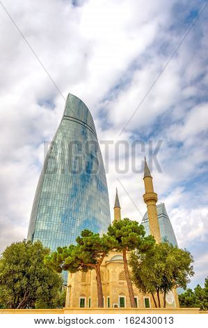 Flame Towers And Mosque, Baku, Azerbaijan