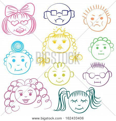 Set of ten colorful cute kids. Funny children drawings of faces. Sketch style. Vector illustration.