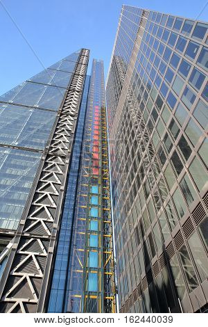 LONDON, UK - JANUARY 25, 2016: The Leadenhall Building and The Aviva Building in the financial district of the City of London