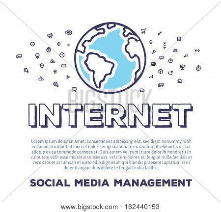 Vector creative illustration of planet Earth with word typography and cloud of line icons on white background. Global technology template. Thin line art style concept design for internet web site print