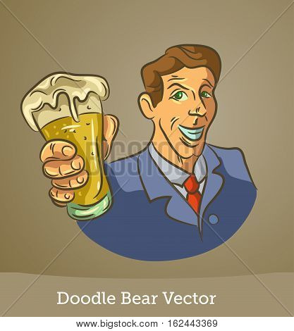 doodle man with a beer isolated on brown background. Vector EPS10