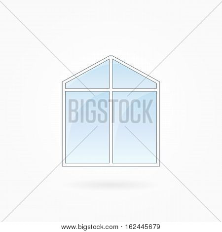Window frame vector illustration, double modern window with triangular top. White plastic window with blue sky glass, outdoor objects collection, flat style. Editable isolated design element. Eps 10.