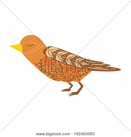 Cuckoo Bird Relaxed Cartoon Wild Animal With Closed Eyes Decorated With Boho Hipster Style Floral Motives And Patterns. Flat Vector Forest Peaceful Fauna Illustration With Hand Drawn Artistic Ornamental Elements.