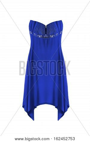 Blue silk strapless dress on white background