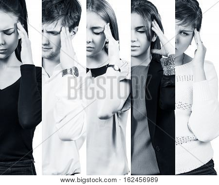 Half collage of people with a headache over white background