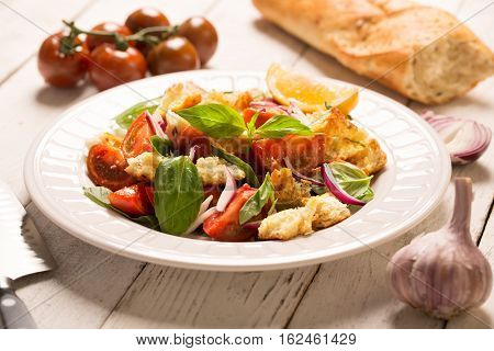 Italian Appetizer salad with tomatoes, bread, bazil mixed with lemon juice