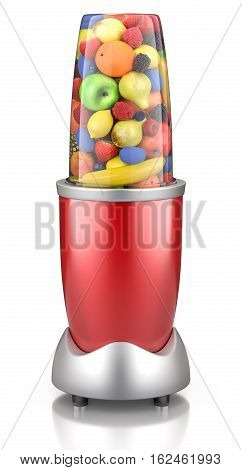 Red electric blender with healthy fruits inside - 3D illustration