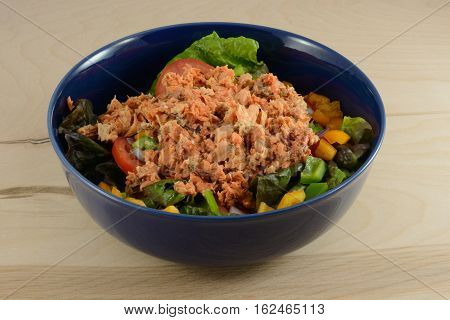 Salmon salad in blue bowl made with red leaf lettuce, bell peppers, tomatoes, onions and canned wild caught sockeye salmon