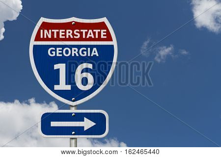 USA Interstate 16 highway sign Red white and blue interstate highway road sign with number 16 with sky background 3D Illustration