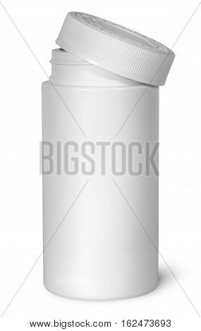 White plastic bottle for vitamins with lid removed isolated on white background