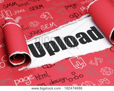 Web design concept: black text Upload under the curled piece of Red torn paper with  Hand Drawn Site Development Icons, 3D rendering