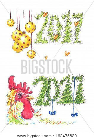 New Year and Christmas Card with fir and pine branches blue hearts and gifts