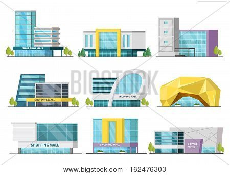 Set of isolated shopping mall buildings of various design with signboards and trees orthogonal vector illustration