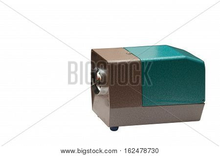 Old green projector isolated on white background